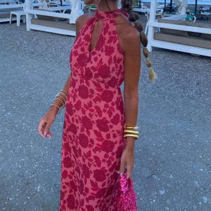 Damen Maxikleid Floralmuster Schlüssel-Ausschnitt