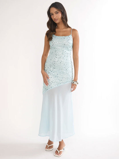 Damen Maxikleid Glitzernd Transparent Asymmetrisch