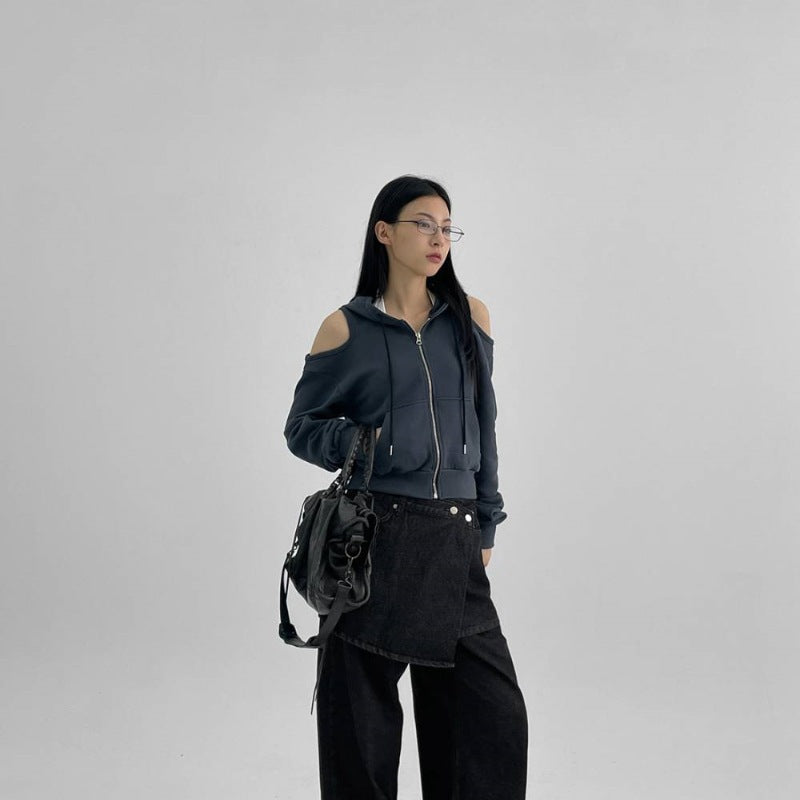 Damen Cropped Kapuzenpullover Cut-Out-Ärmel