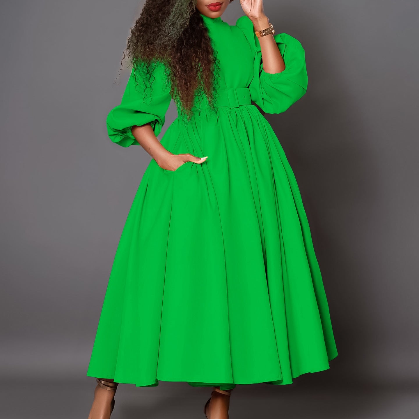 Eveloria Damen Maxikleid Hochkragen Abnehmbarer Gürtel