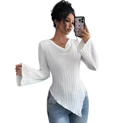 Damen Oberteil Langärmlig Asymmetrisch Rippdesign Eveloria