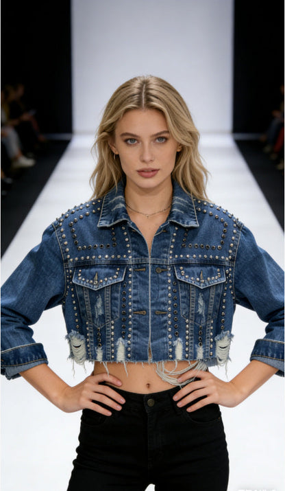 Damen Jeansjacke Lässig Verziert Blau Eveloria