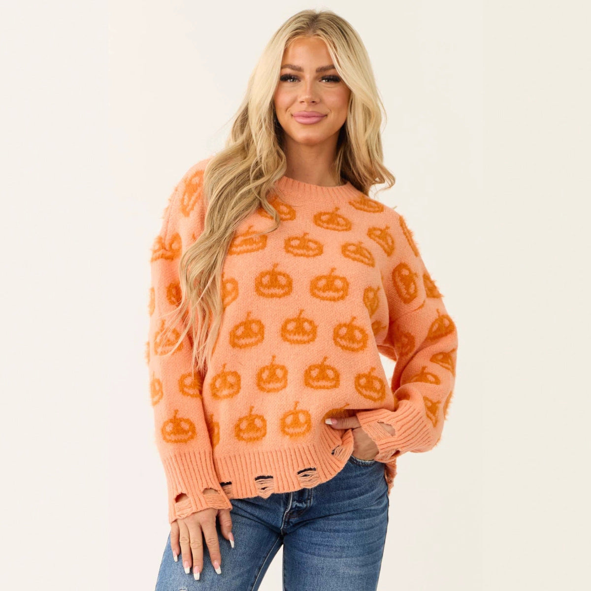 Damen Strickpullover Kürbis-Motiv Elastisch Beige - Eveloria