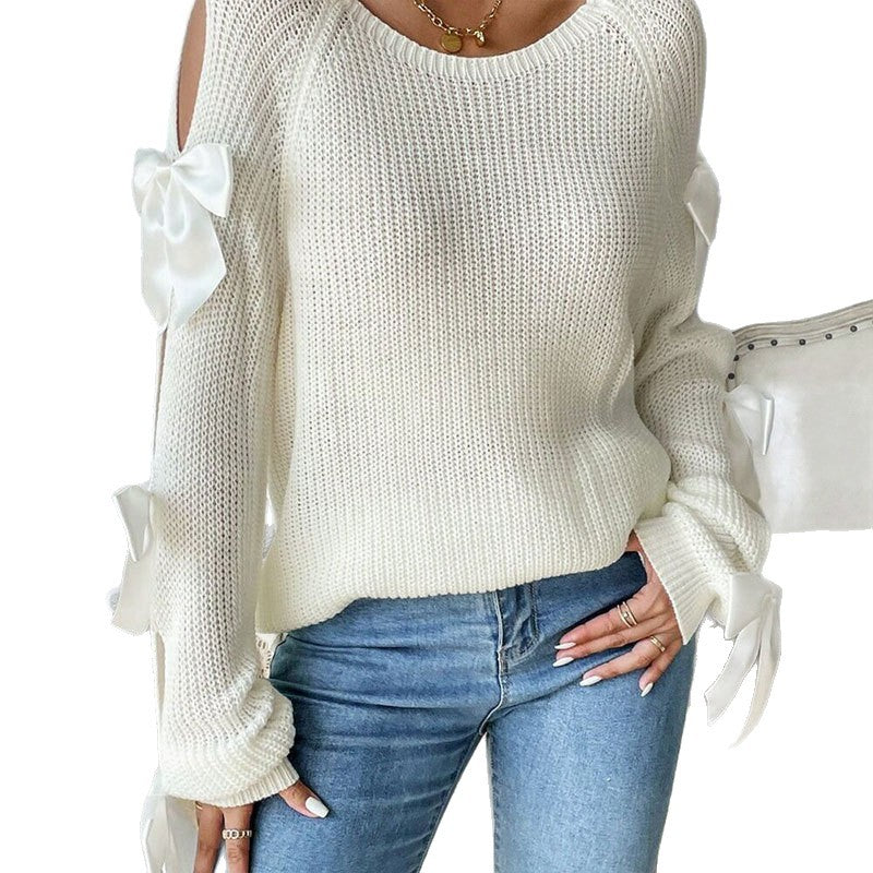 Damen Strickpullover Offene Ärmel Dekorative Schleifen Details