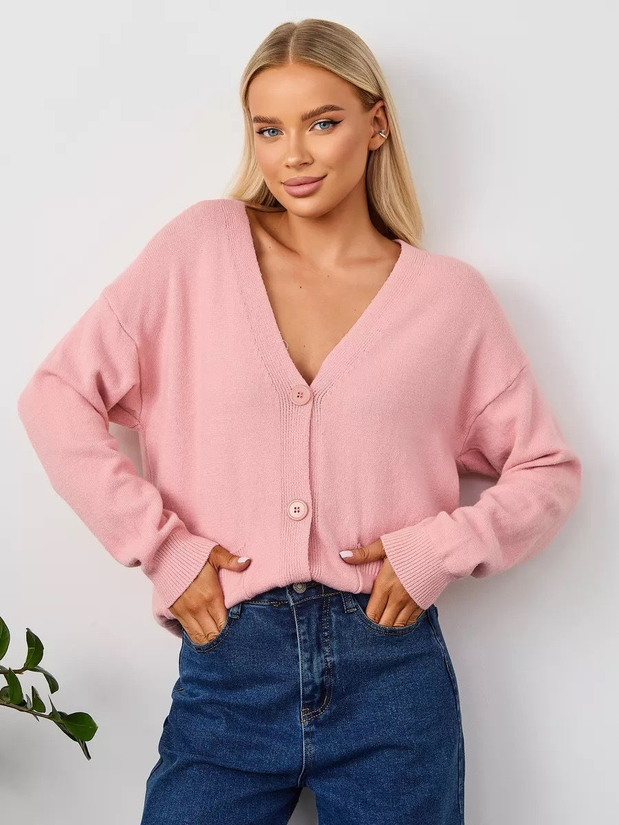 Damen Cardigan Grobstrick V-Ausschnitt mit Taschen Beige