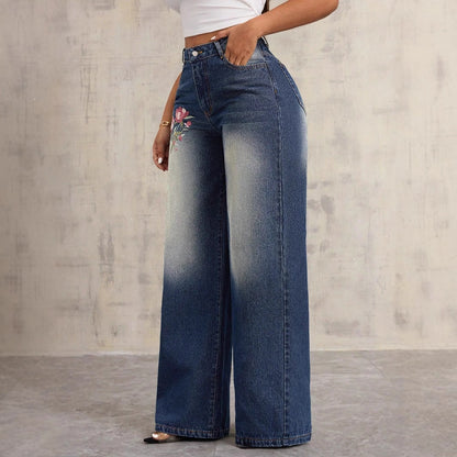 Damen Weite Jeans Blumenstickerei Eveloria