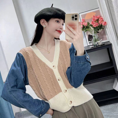 Damen Strickcardigan mit Denim-Ärmeln Blau Eveloria