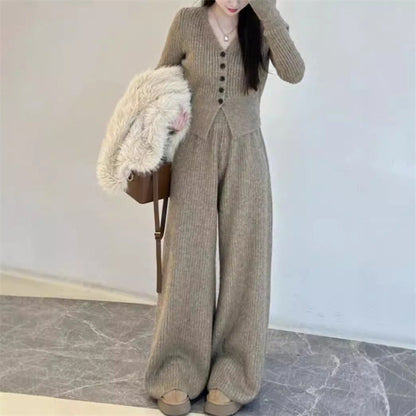 Damen Strickanzug Lässig Knöpfe Beige