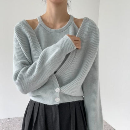 Damen Cropped Strickjacke V-Ausschnitt Knöpfe Beige