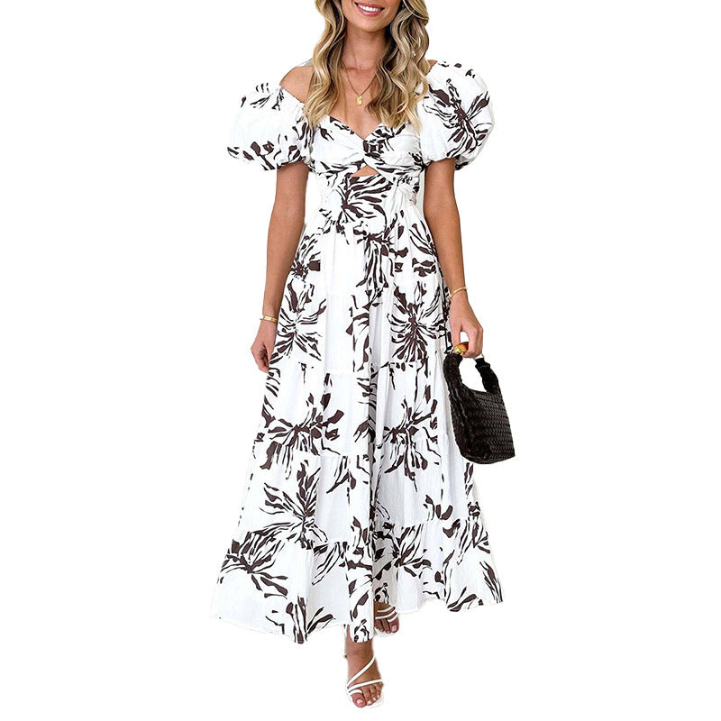 Damen Maxikleid Voluminöse Puffärmel Florales Design
