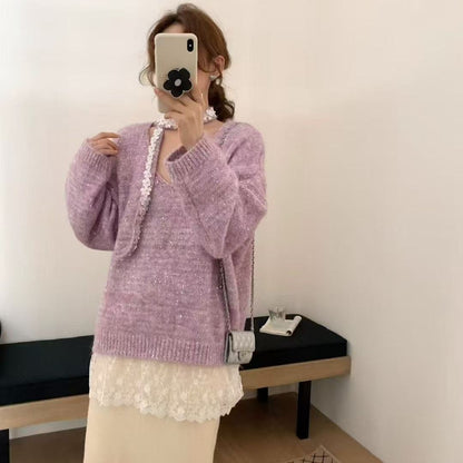 Damen Strickpullover Spitzenunterteil Elegantes Design