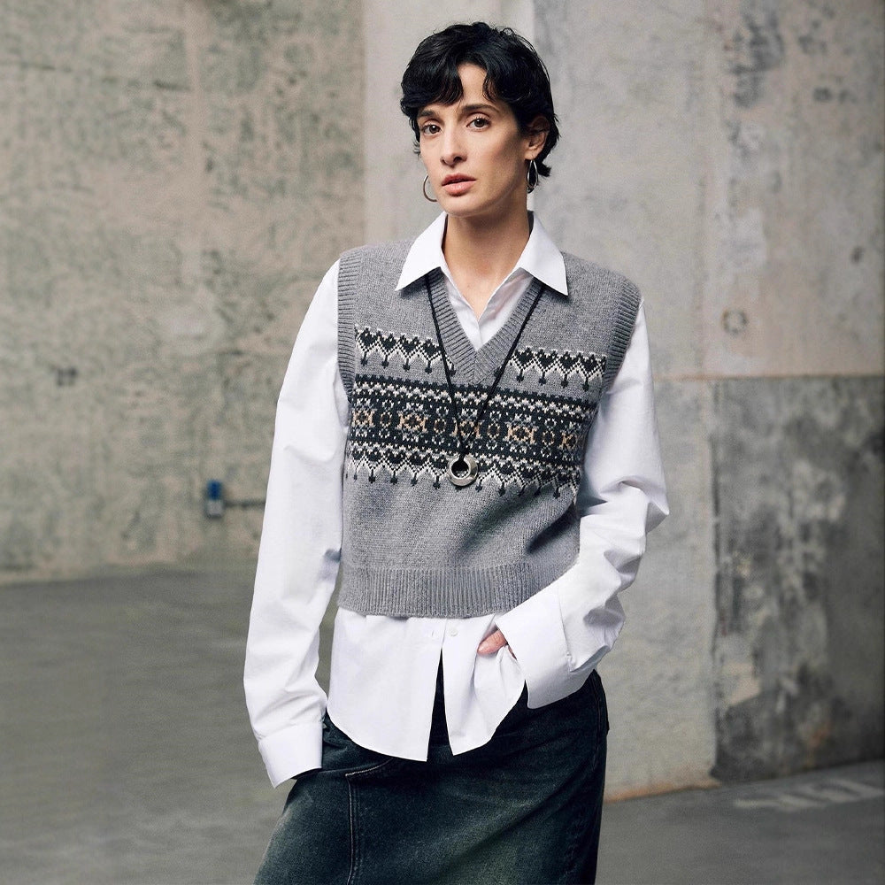 Damen Strickpullover V-Ausschnitt Geometrisches Muster Eveloria
