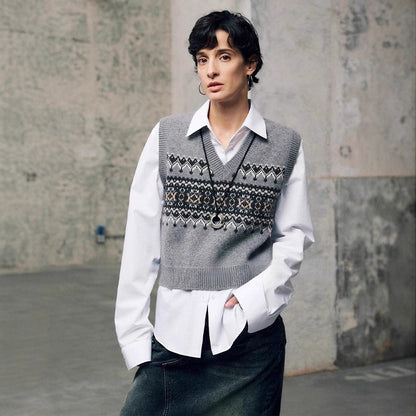 Damen Strickpullover V-Ausschnitt Geometrisches Muster Eveloria