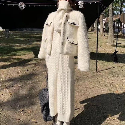 Damen Langkleid Strick Zopfmuster Hochkragen Eveloria