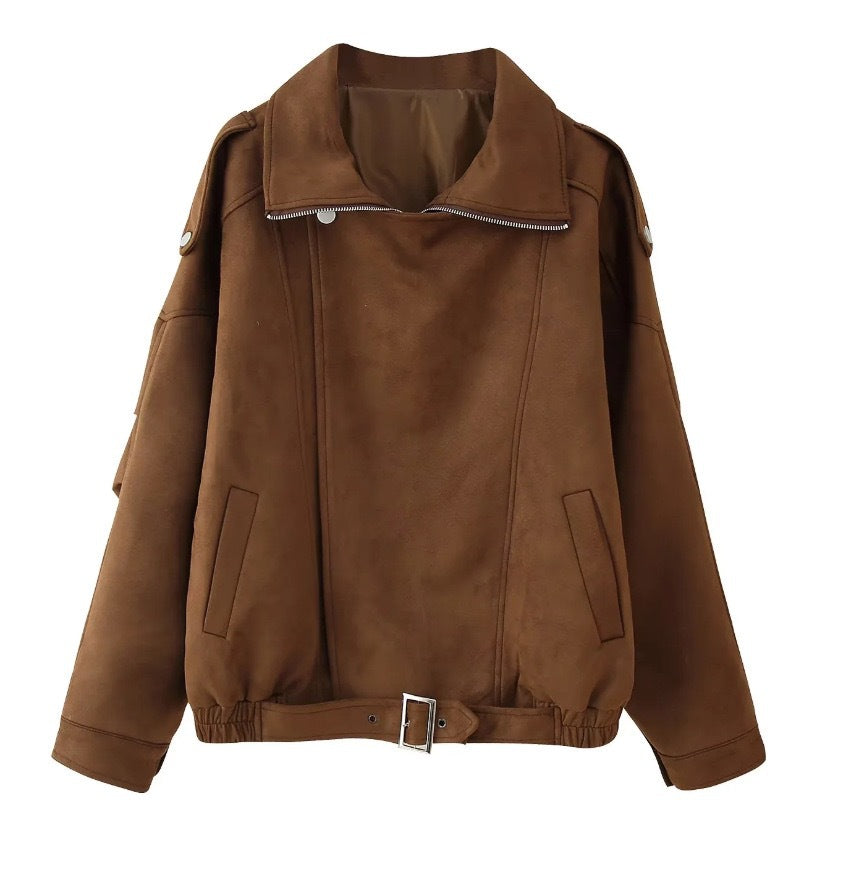 Damen Kunstlederjacke Modisch Breiter Kragen Taillengürtel