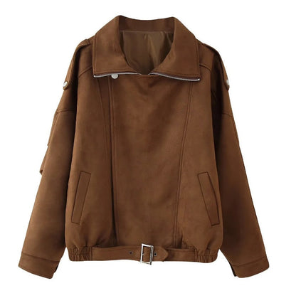 Damen Kunstlederjacke Modisch Breiter Kragen Taillengürtel