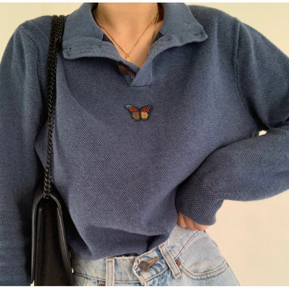 Damen Pullover Waffle-Design mit Schmetterling Stickerei Eveloria