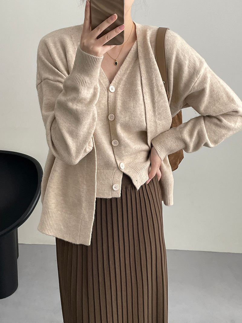 Damen Cardigan Gestrickt V-Ausschnitt Beige