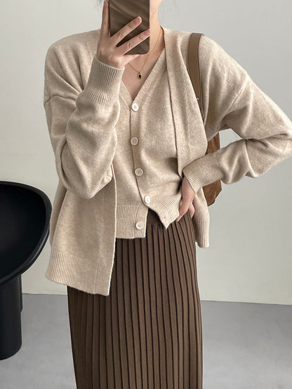 Damen Cardigan Gestrickt V-Ausschnitt Beige