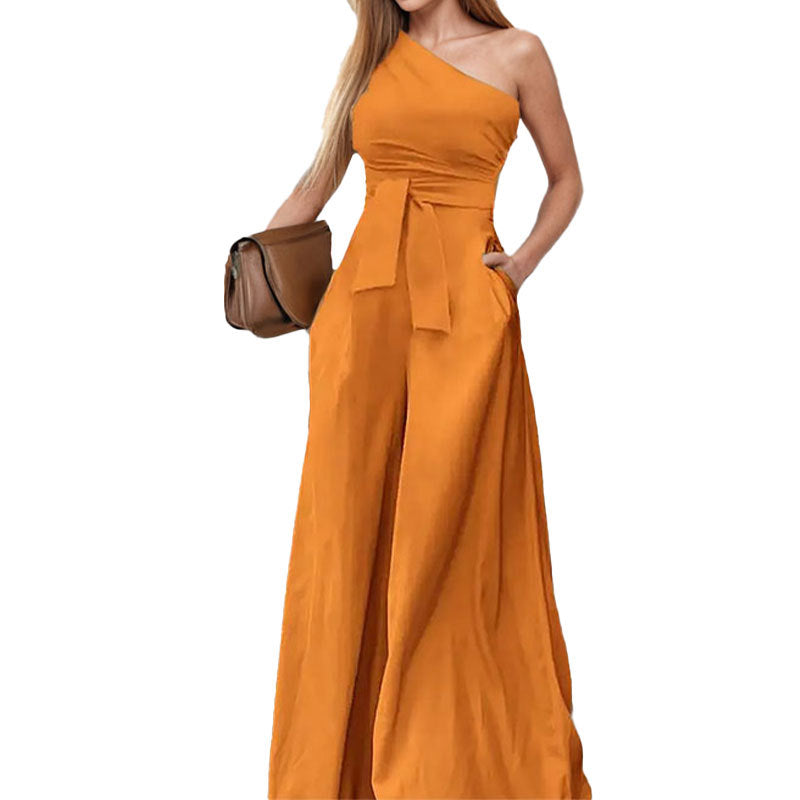 Damen One-Shoulder Jumpsuit Taillengürtel Weite Beine Eveloria