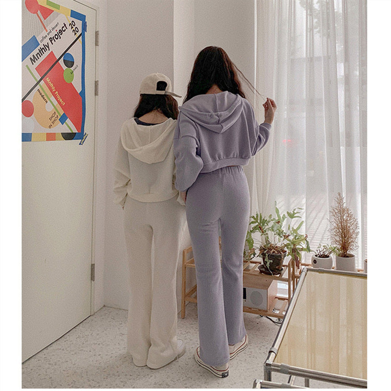 Damen Loungewear-Set Cropped-Hoodie Weite Hose Beige Eveloria