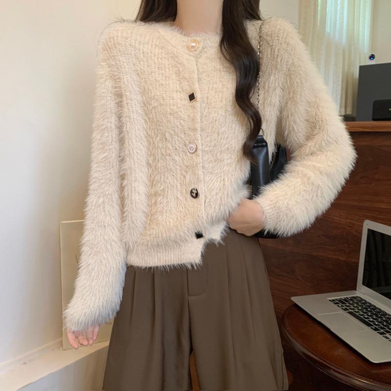Damen Strickjacke Flauschig Länge Mit Knöpfen Langärmlig