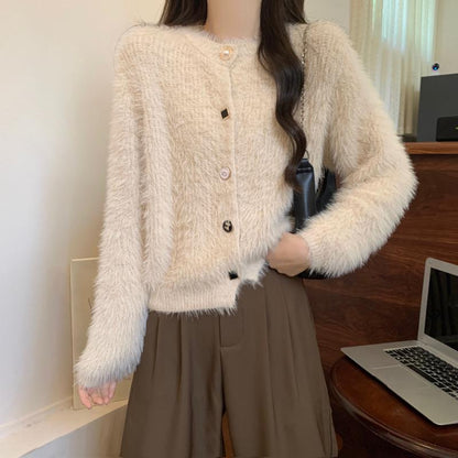 Damen Strickjacke Flauschig Länge Mit Knöpfen Langärmlig