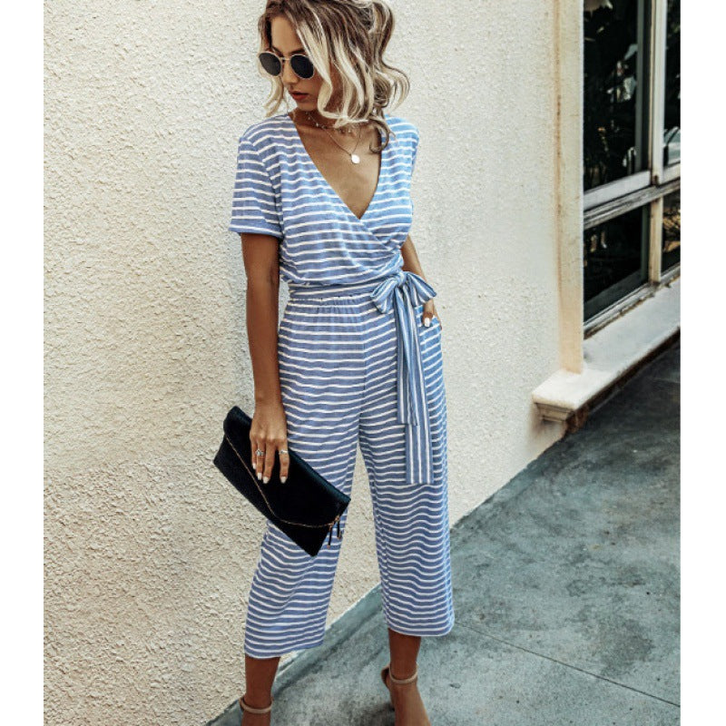 Damen Jumpsuit Wickel-Design Streifen Muster