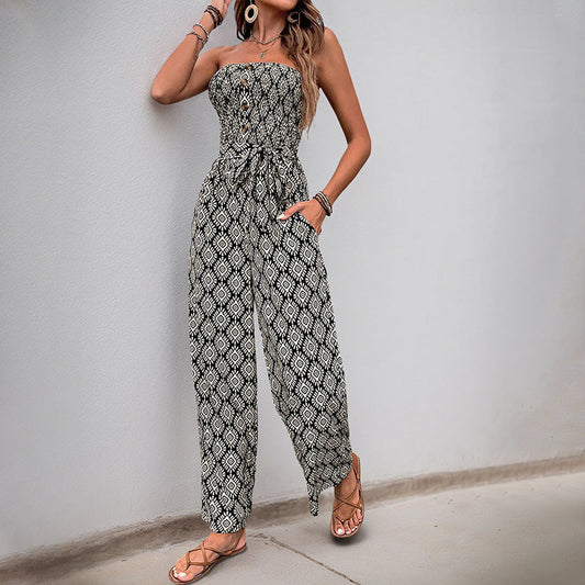 Damen Jumpsuit Boho-Muster Elastischer Bund Schwarz Eveloria - Eveloria
