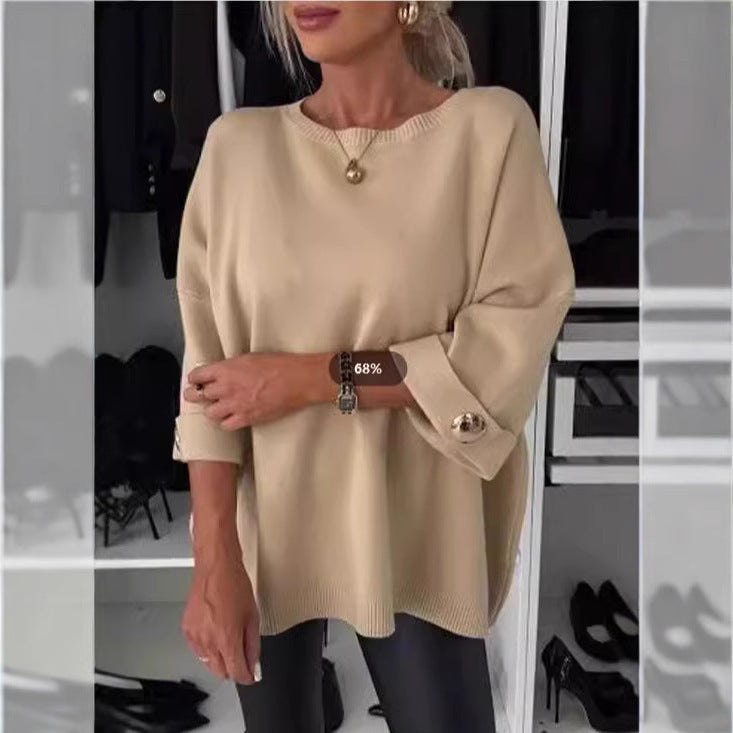 Damen Strickpullover Weit Ärmel Knopfdetails Eveloria
