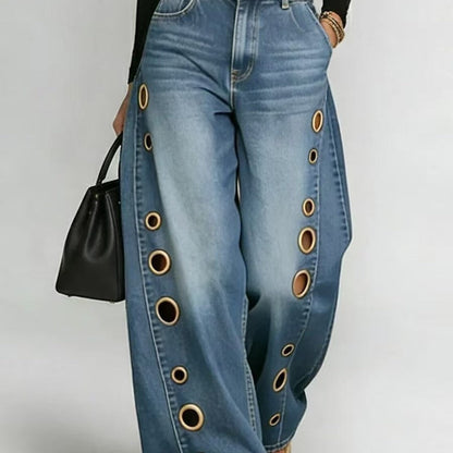 Damen Weite Jeans Dekorative Ösen Hoher Bund Blau Eveloria