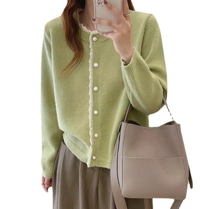 Damen Strickjacke Spitze Perlenknöpfe Eveloria