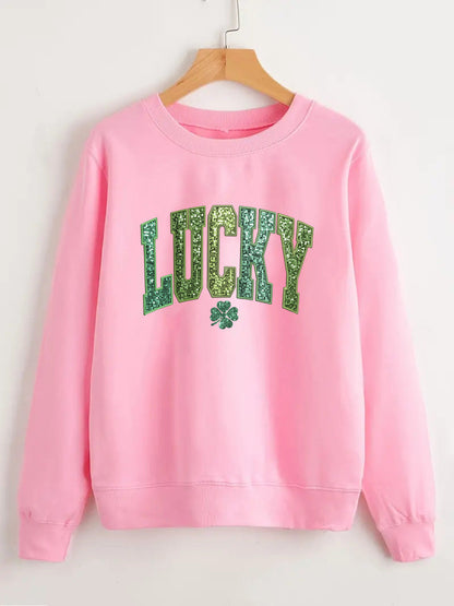 Damen Sweatshirt Glitzernd Kleeblattmotiv Grau Eveloria