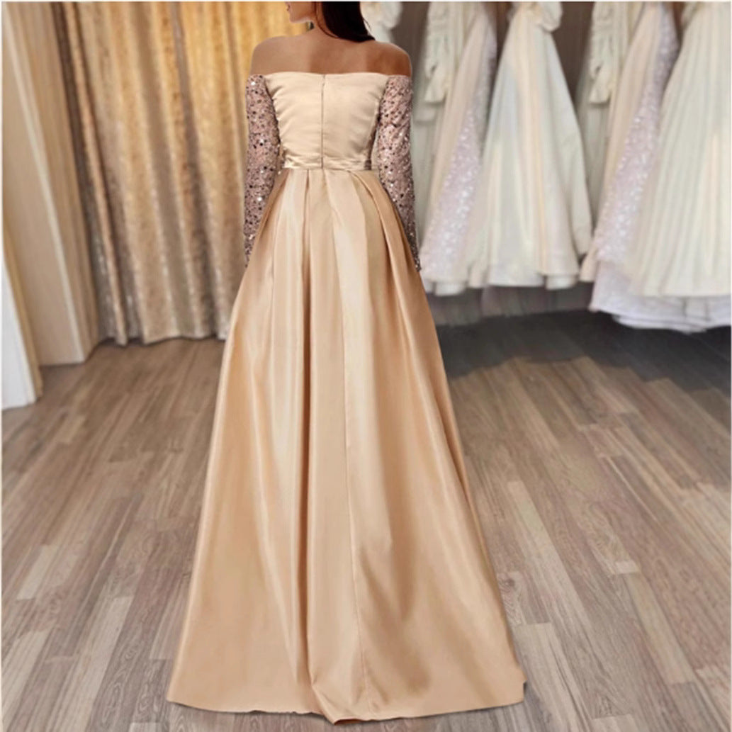 Damen Ballkleid Schimmerndes Oberteil Bestickte Ärmel Eveloria