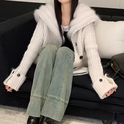 Damen Strickjacke mit Kapuze und Kunstfell