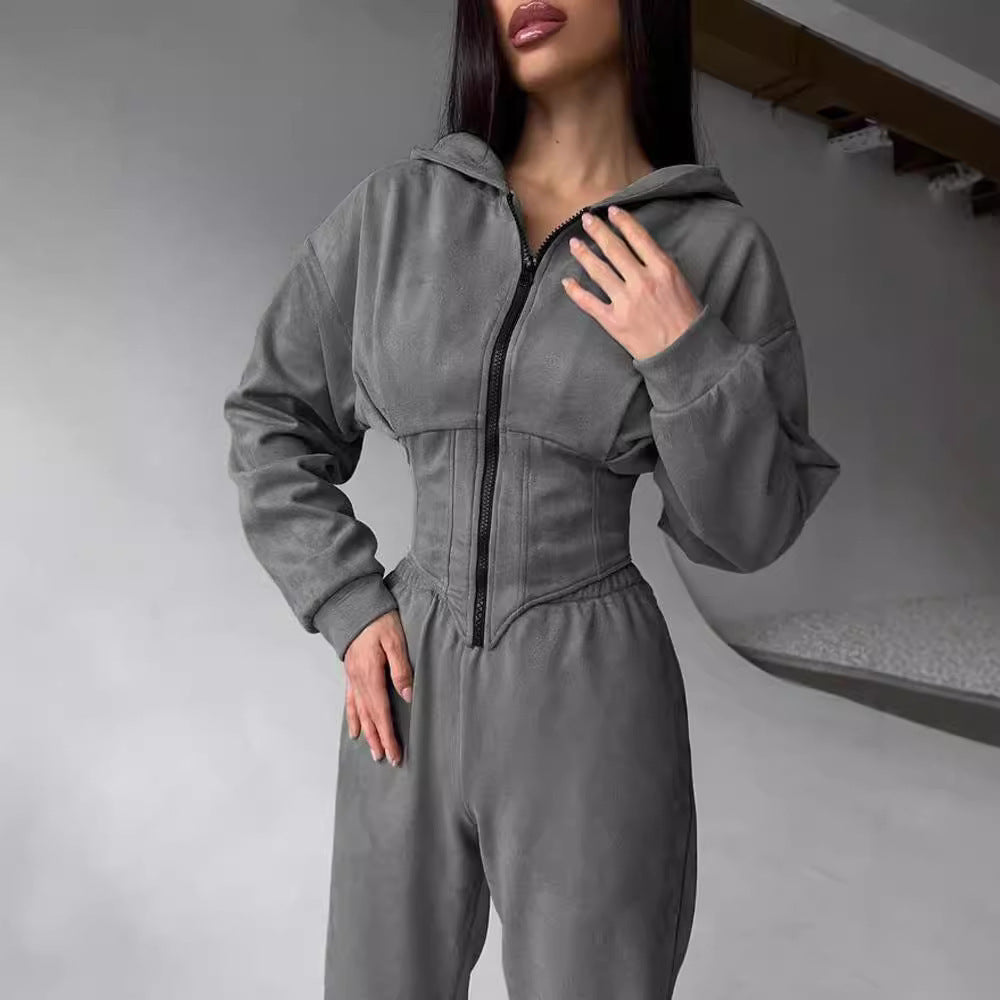 Damen Jumpsuit Tailliert Sportliche Kapuze Eveloria