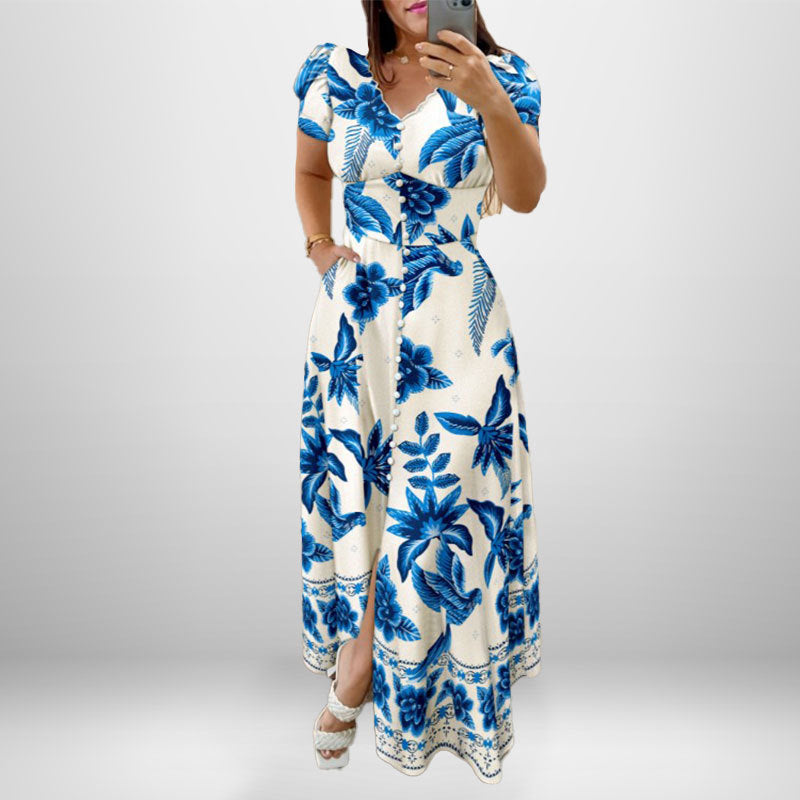 Damen Maxikleid Florales Wickel-Design Knöpfbarem Oberteil