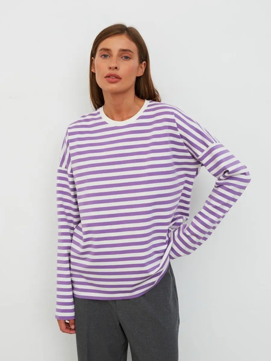 Damen Langarm T-Shirt Streifen Weiss