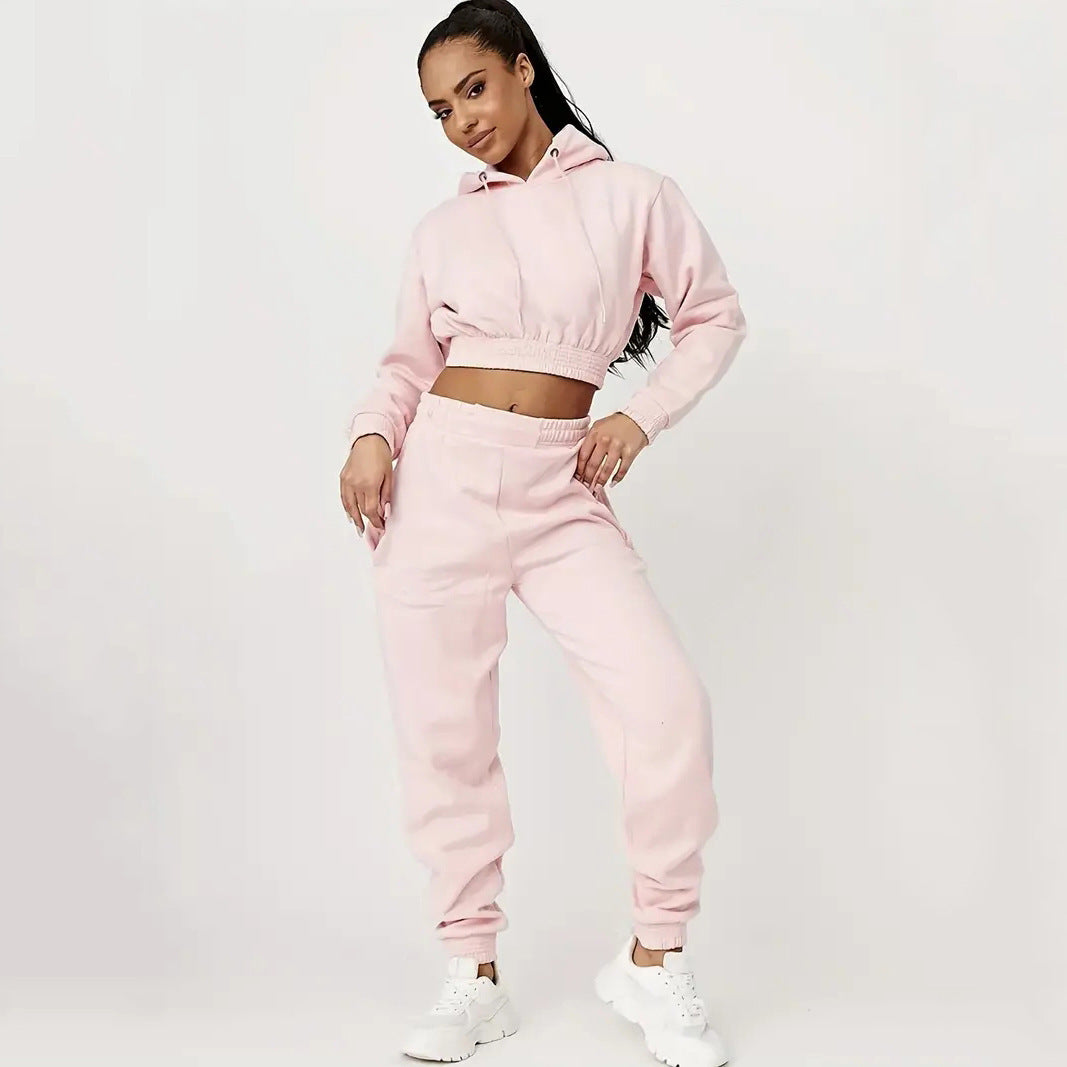 Damen Cropped Sweatanzug Elastisch Mit Kordelzug Beige