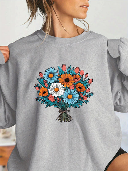 Damen Oversized Sweatshirt Florale Grafikdetails Grau