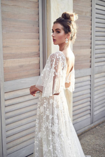 Damen Abendkleid Florale Stickerei Spitzenärmel Eveloria