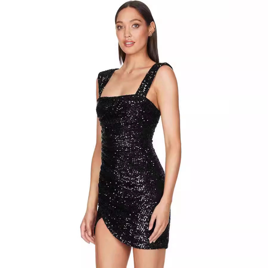 Damen Mini-Kleid Glitzernd Asymmetrisch Figurbetont Eveloria