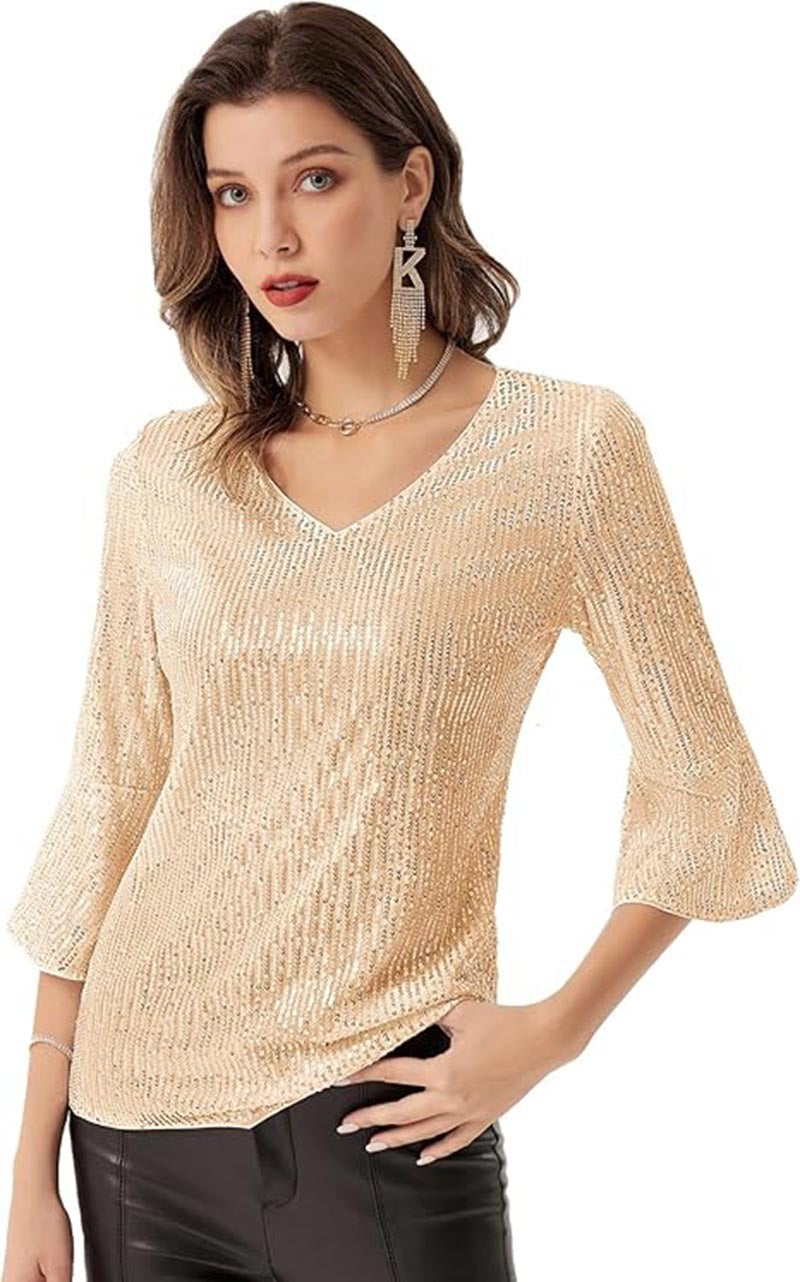Damen Strickoberteil V-Ausschnitt Glitzernde Akzente Eveloria