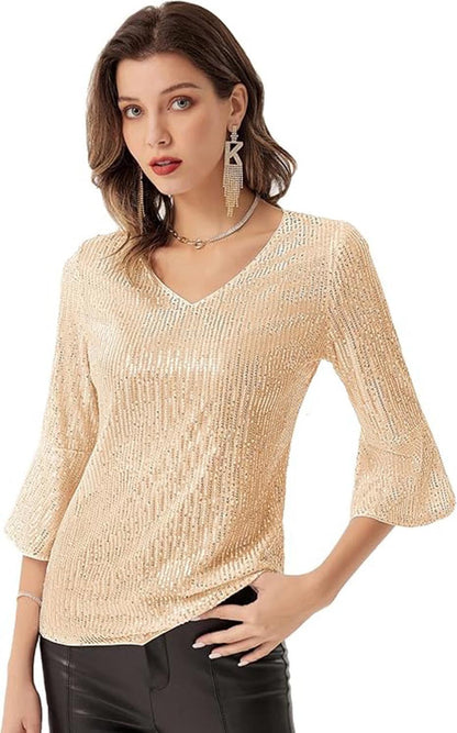 Damen Strickoberteil V-Ausschnitt Glitzernde Akzente Eveloria