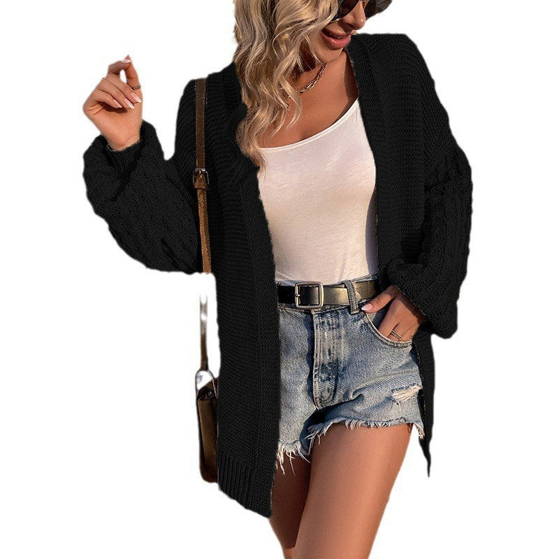 Damen Grobstrick Cardigan V-Ausschnitt Seitenschlitze Eveloria