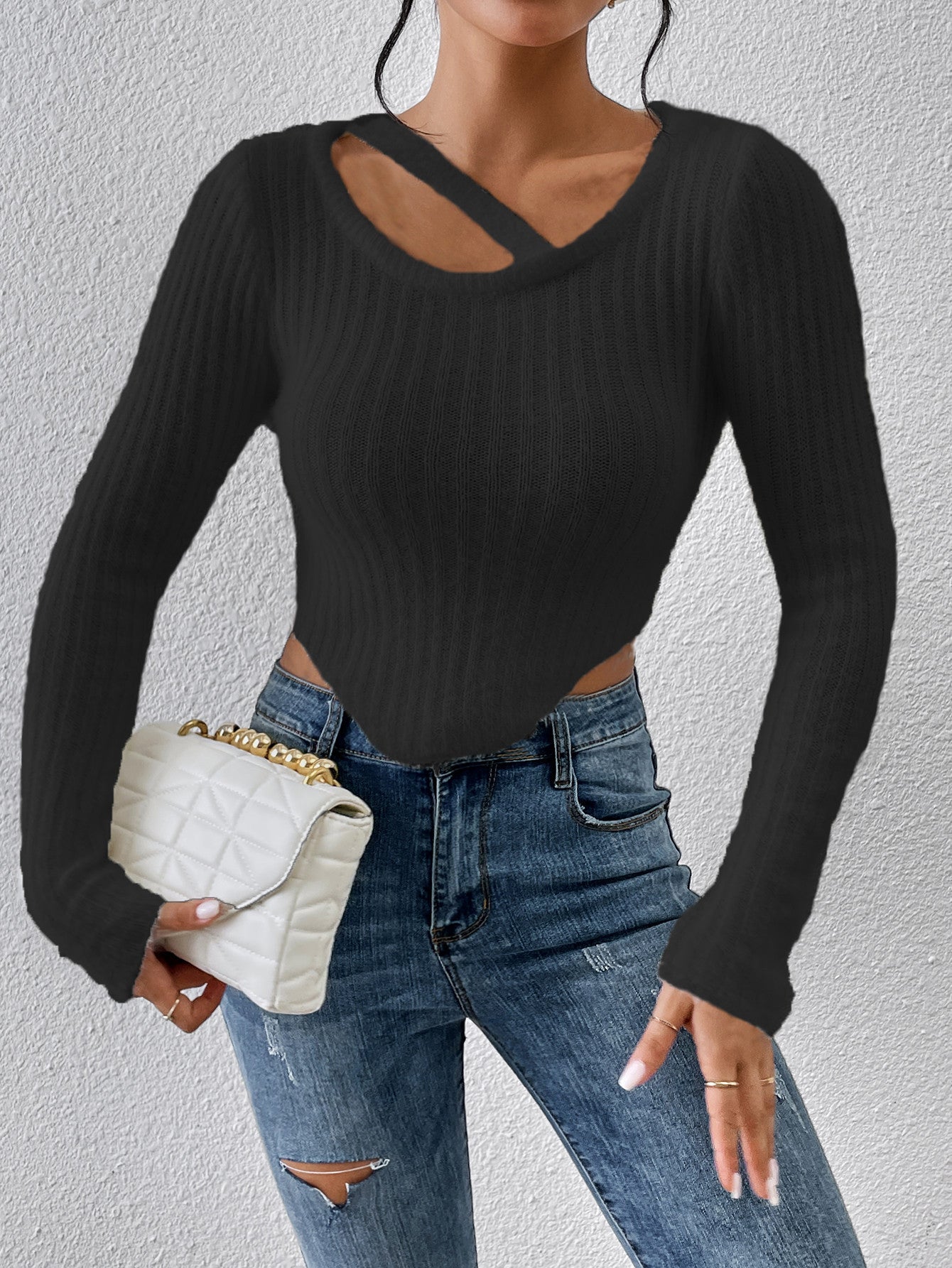 Damen Off-the-Shoulder Stricktop Elastischer Saum Beige