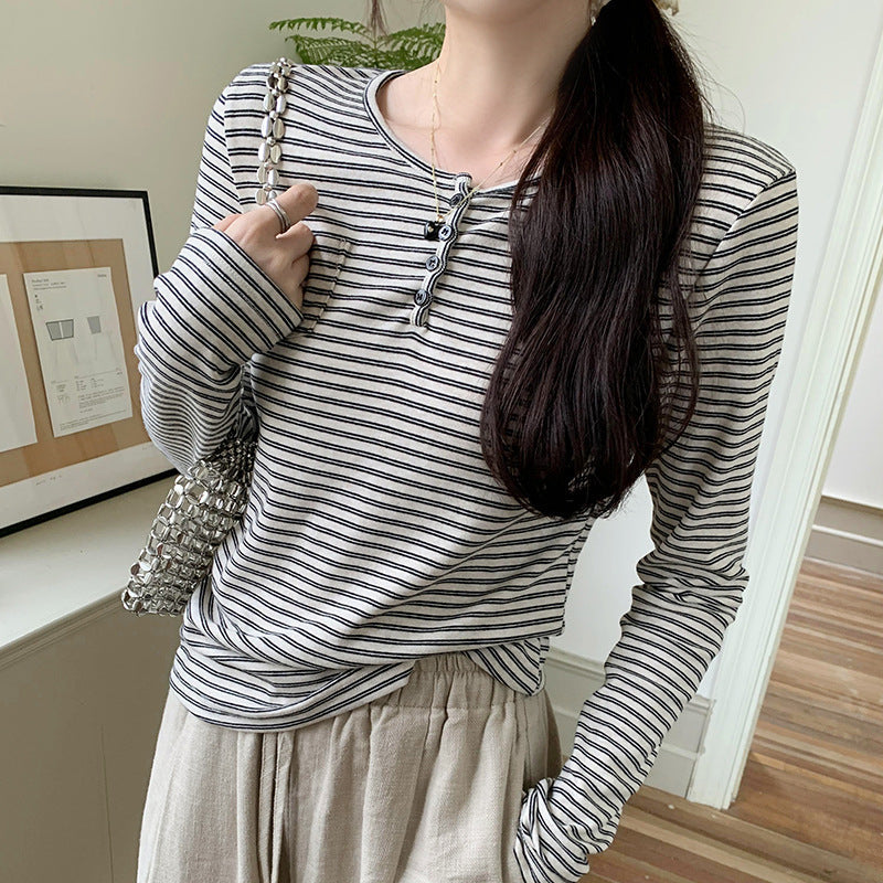 Damen Langarmshirt Streifenmuster Knöpfe Weiß