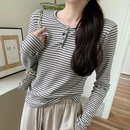 Damen Langarmshirt Streifenmuster Knöpfe Weiß
