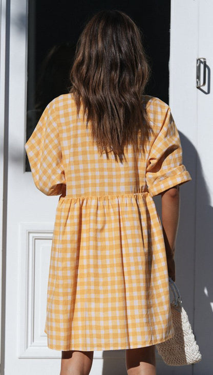 Damen Karomuster Kleid V-Ausschnitt Volant