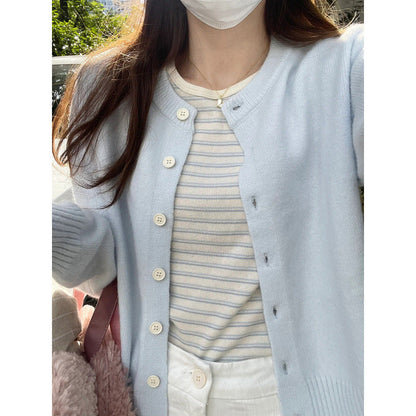 Damen Strickjacke Rundhalsausschnitt Edelknöpfe Beige